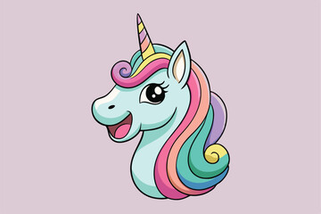 Vibrant and whimsical cartoon unicorn head illustration, featuring playful laughter and neighing sounds. © Abu hamed shah