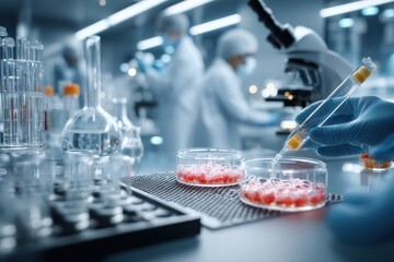Close-up of gloved hands conducting scientific research, experimenting with cells and solutions in a modern laboratory, equipped with advanced medical technology.