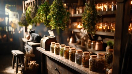 Apothecary shop counter with herbs, jars, cat, dark interior