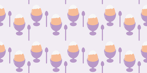 Boiled egg in egg cup Seamless Pattern in trendy Lavender. World Egg Day Background Texture concept