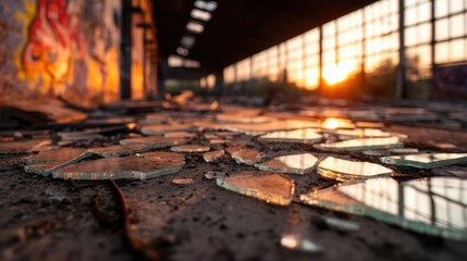 Broken glass on floor of abandoned warehouse at sunset