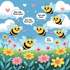 Fototapeta premium Cute Cartoon Bees Teaching Kids About Nature