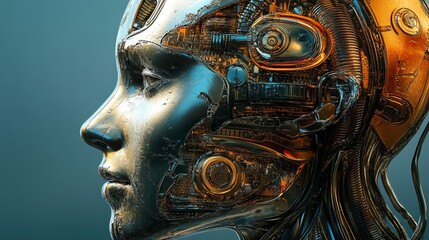Obraz premium Close up side view of a metallic cyborg face with visible internal mechanisms and intricate details