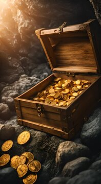 Disblank covering treasure in a hidden cave with a wooden chest filled with gold coins 4K vertical