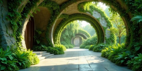 Naklejka premium Serene Pathway Through Lush, Overgrown Stone Arches Leading to a Tranquil Garden Door
