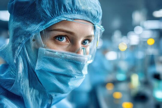 Close-up of a focused female healthcare worker in a protective suit, wearing a mask, cap, and safety glasses, working diligently in a laboratory environment.