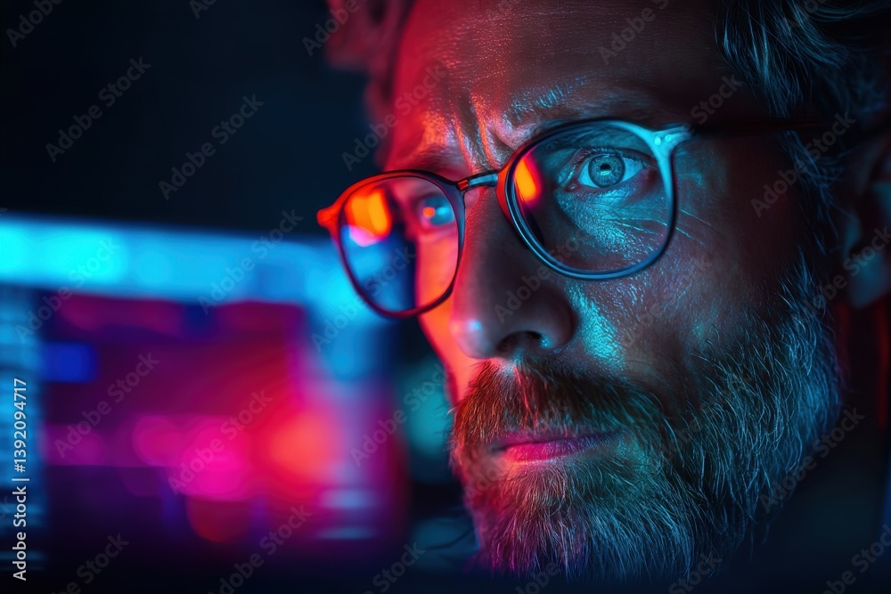 Poster a thoughtful programmer immersed in code reflects on a screen, showcasing the intensity and dedicati