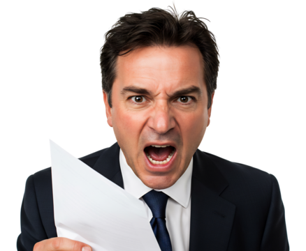 Angry businessman screams tearing paper document. AI Generated
