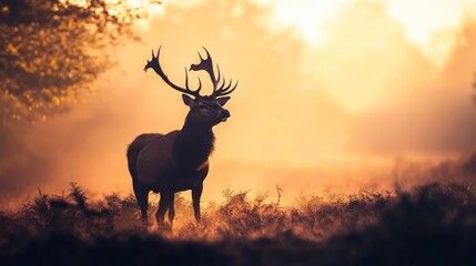 Majestic stag at dawn in a misty forest.  Possible use Nature photography