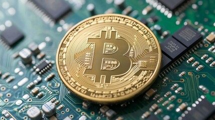 A golden bitcoin coin resting on a green circuit board with various electronic components visible around it