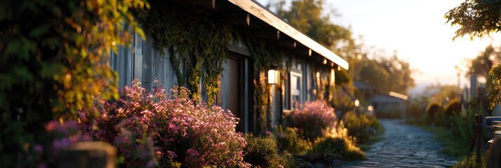 Obraz premium Cozy cottage with flowers at sunset, ideal for travel and lifestyle content