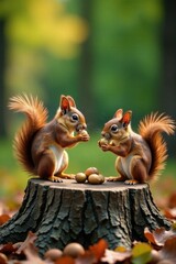 Generations of squirrels gathered on a tree stump snacking on nuts, forest creatures, squirrel family