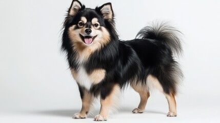 Studio shot of a happy dog, medium-sized, black and tan, in front of white background, suitable for pet adoption, or animal lover content