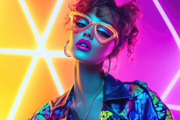 A stylish woman with vibrant makeup and bright clothes poses against a neon background.