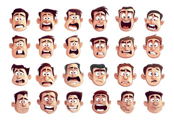 Cartoon frightened people avatars. Man worried stressed anxious heads, suspicious confused characters concerned troubled apprehensive uneasy persons, isolated vector illustrations