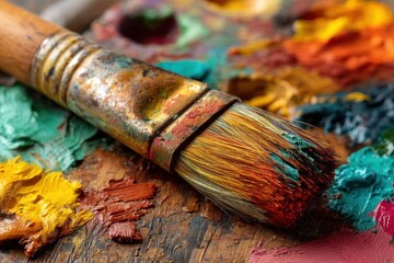 Fototapeta premium Close-up of an artist's paint brush resting on a wooden palette covered in vibrant paints, showcasing the tools and colors of the creative process in detail.