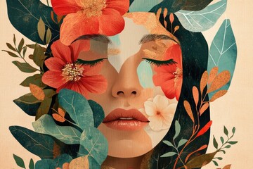 Serene woman's face adorned with vibrant flowers and leaves, a captivating collage.
