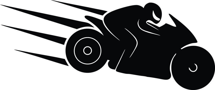 A stylized black silhouette of a racing motorcycle with a rider in a low, aerodynamic position, designed to convey high speed and motion