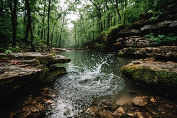 Obraz premium A fresh water splash in a serene forest river, surrounded by green trees and mossy rocks, creating a peaceful and natural landscape scene with a gentle stream of clear water.
