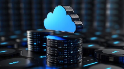 A blue cloud icon sitting atop a stack of server disks in a dark futuristic environment