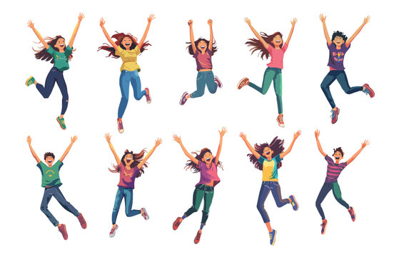 Cartoon jumping happy girls. Joyful teenagers hands up hopping together positive active pose characters, funny smiling thrilled females persons, isolated vector illustrations