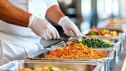 Hands serving food, with room for additional items on the table 