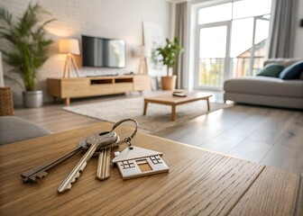 House Keys on Wooden Table – Symbolizing Homeownership and New Beginnings in a Modern Apartment