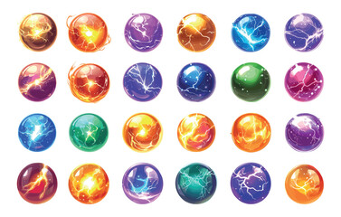 Cartoon magical spheres. Mythical orbs with lightning fire and flame glowing inside, wizard or prophet mystical arcane balls enchanted globes, isolated vector illustrations