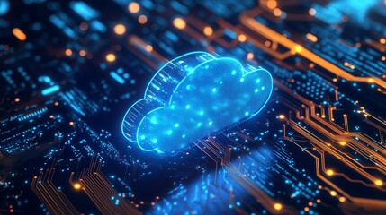 A glowing blue cloud icon on a dark background with orange circuit board like patterns underneath it