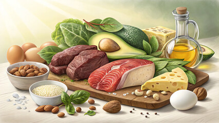 Atkins Diet Food Illustration – High Protein Low Carb Realistic Meal Composition