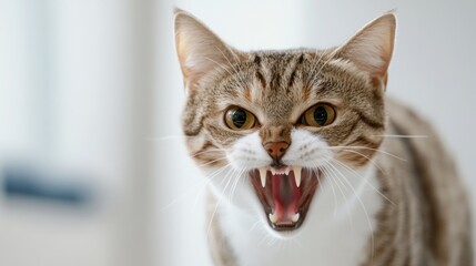 Obraz premium A tabby cat with its mouth wide open, showing its teeth, appearing to hiss or growl, looking directly at the camera, close-up shot of angry cat.