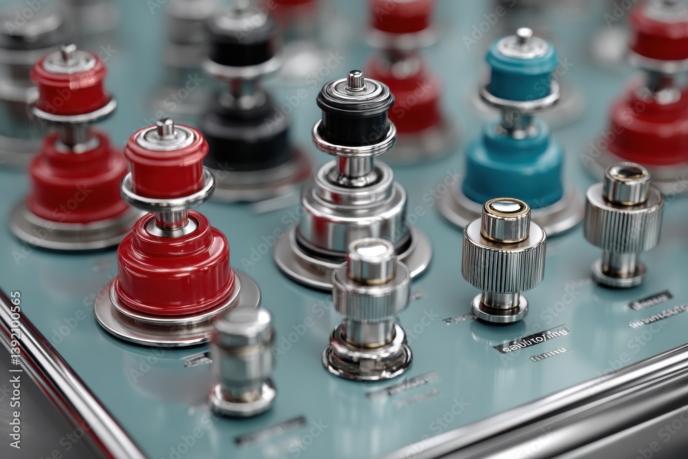Poster detailed close-up of an intricate control panel featuring a variety of colorful buttons, knobs, and 
