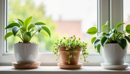 Obraz premium Houseplants on Windowsill, Natural Light, Cozy Ambiance