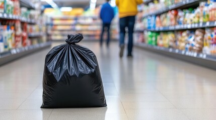 Obraz premium A black garbage bag sits on the floor of a grocery store aisle, blurred customers walking in background.