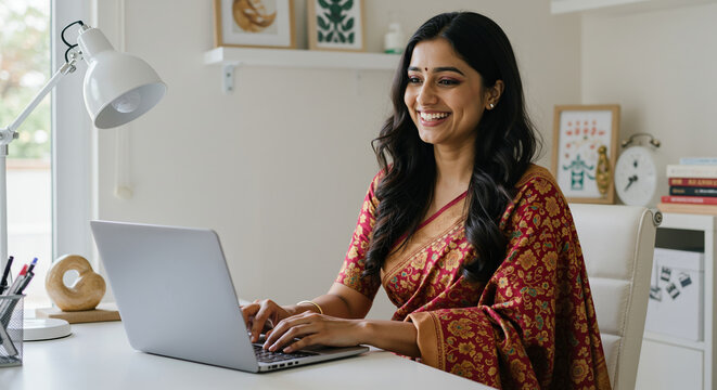 Happy Indian woman in a saree working on her laptop from home office  - Powered by Adobe