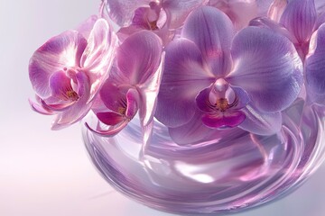Fototapeta premium Delicate lavender orchids in a glass vase, showcasing their beauty and elegance.