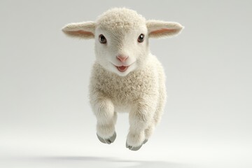 Obraz premium An adorable fluffy lamb leaps playfully against a clean white background.