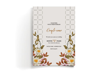 WEDDING INVITATION FRAME WITH FLOWER DECORATIONS AND FRESH LEAVES