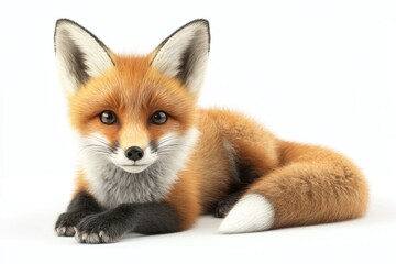 Obraz premium Adorable red fox kit lying down, showcasing its fluffy fur and charming expression.