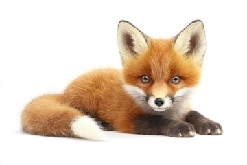 Adorable red fox kit with fluffy orange fur and a bushy white-tipped tail, lying down.