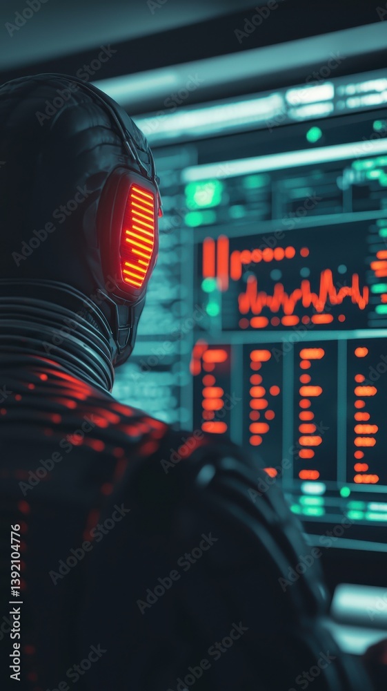 Poster futuristic hacker monitoring data streams cyber lab digital art virtual environment rear view techno
