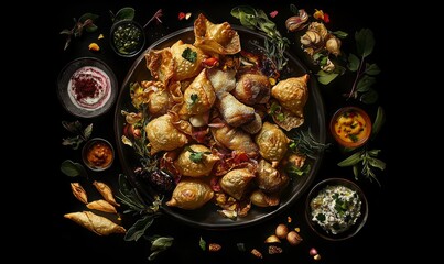 Assorted pastries, gourmet appetizers, arranged on a dark plate, surrounded by herbs and sauces.  Suitable for restaurant menus, food blogs, or cookbook covers