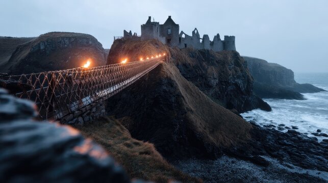Fototapeta Lit rope bridge to cliffside castle ruins at dusk