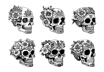 Obraz premium Engraving mexican skulls with flowers. Human head dead bone cranial remains dia de los muertos, native south american patterns cult symbols, isolated hand drawn monochrome vector illustrations