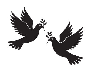 Obraz premium Two silhouette doves in flight carrying olive branches, symbolizing peace.