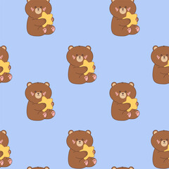 Seamless pattern with cute bear hugging a yellow star on blue background. Minimalistic vector illustration for kids decor, nursery products, baby stationery and toddler textile. Soft kawaii style