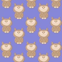 Seamless pattern with round cute owl with blush cheeks on purple background. Kawaii pattern for kids, toddler textile, gift wrap, nursery products, baby stationery. Vector illustration in soft tones
