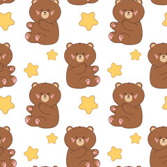 Seamless pattern with cute brown teddy bear with blush cheeks and yellow stars on white background. Playful kawaii animal design for kids textile, wrapping, nursery goods. Vector illustration
