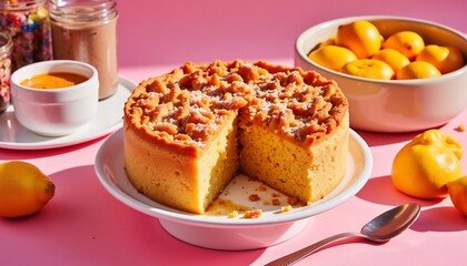 Delicious Lemon Cake With Crumble Topping On Pink Background Still Life