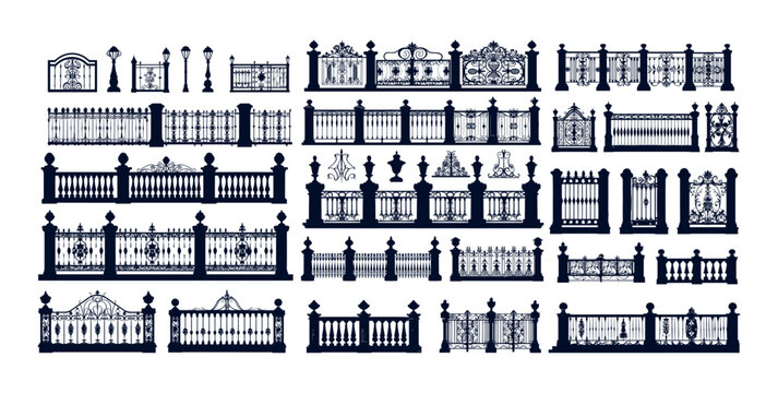 Fences black silhouettes. Metal classical ornamental gates and steel decorative barriers with floral motifs, for parks mansions balcony terrace and castles, exterior outdoor decor isolated elements